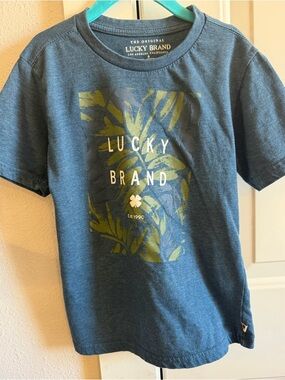 Lucky Brand Blue Tee with Olive Graphic Leaf Print